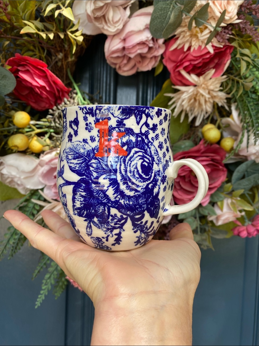 Anthropologie Homegrown Monogram Initial Letter K Mug Coffee Tea Cup Floral Bird